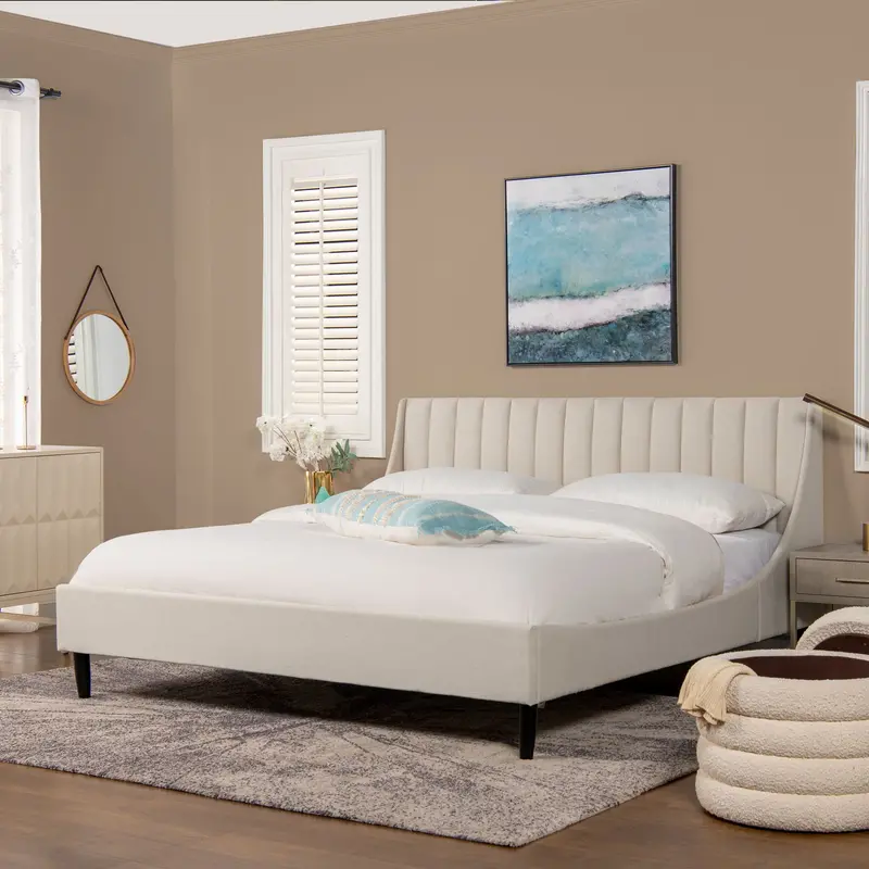 Aspen King Platform Bed Set – Light Beige Vertical Tufted Headboard