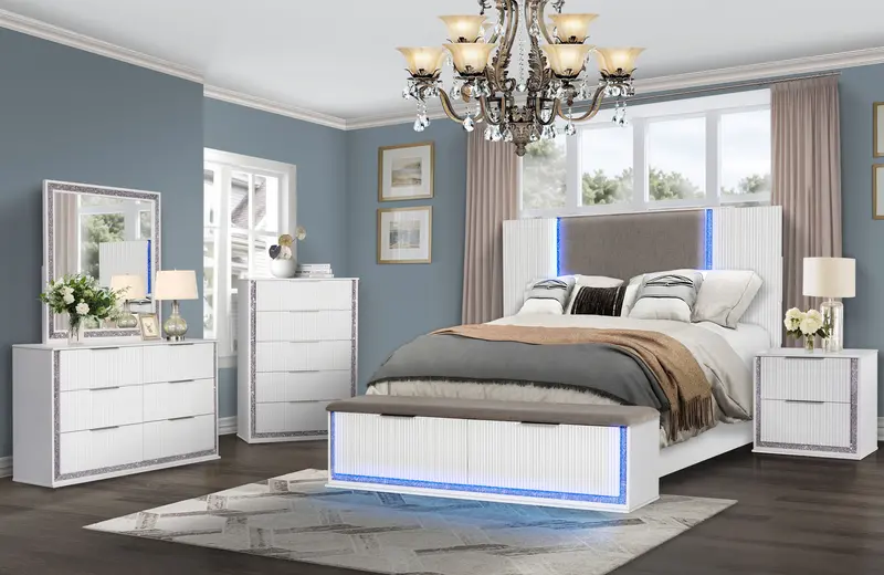 Aurora White 2-Drawer Nightstand – Shimmer-Trimmed Modern Bedside Unit