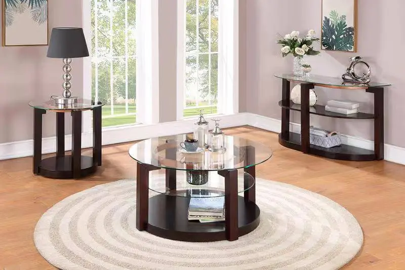 Avery Round Glass 3-Piece Coffee Table Set – Cherry Finish