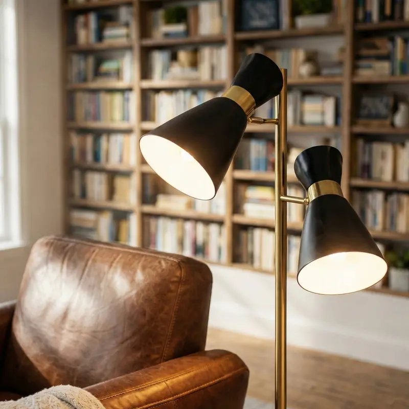 Axis Black-and-Gold Floor Lamp with Dual Adjustable Spots & 4-Way Switch