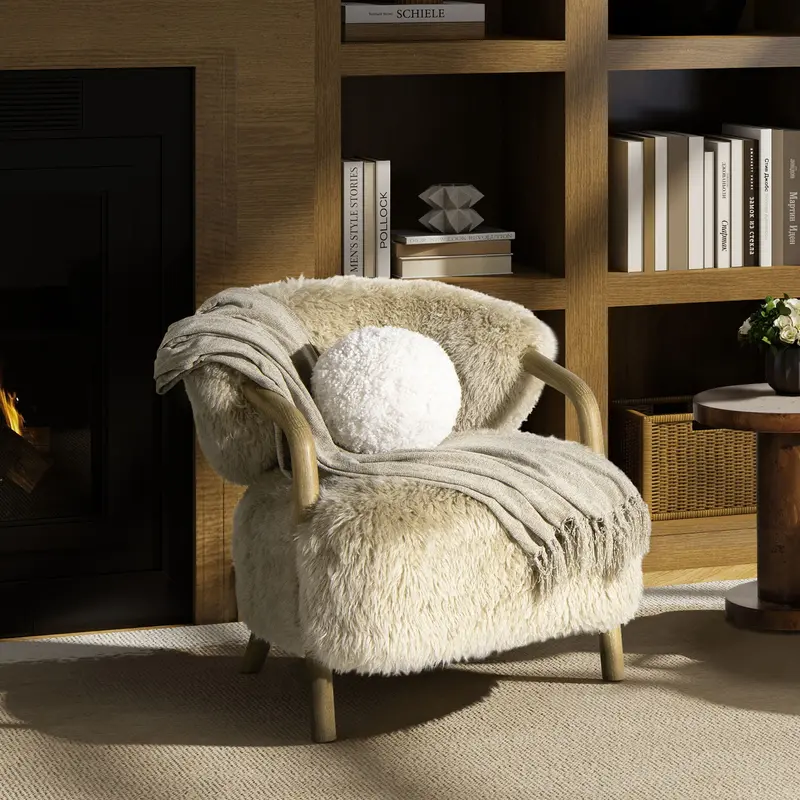 Ayla Curly White Round Ball Pillow with High-Pile Textured Finish