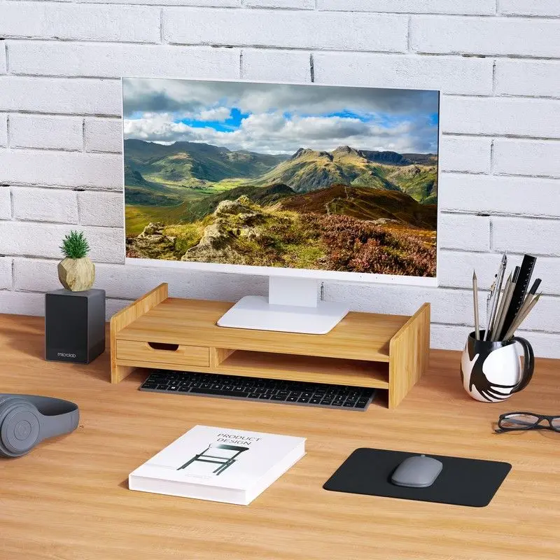 Bamboo Monitor Riser with Built-in Drawer – Laptop Stand & Desktop Organizer for PC/TV