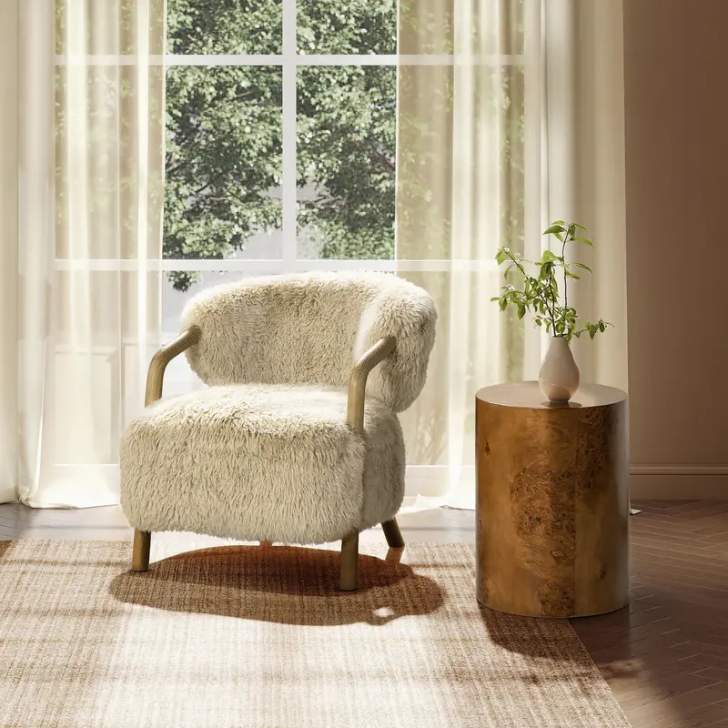 Becker Rustic Oak Accent Chair with Sheepskin Upholstery in Taupe Beige