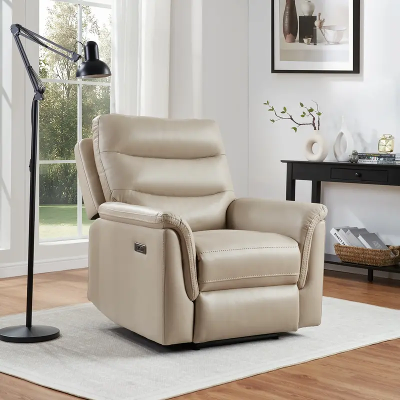 Beige Dual-Power Recliner Featuring Motorized Headrest and Extendable Footrest