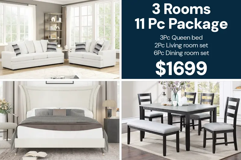 Beige Modern 3-Room Furniture Bundle: Wingback Queen Bed, 6-Piece Dining Set & 2-Piece Living Room Collection