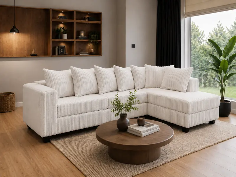 Beige Ribbed L-Shaped Sectional Sofa with Right-Arm-Facing Chaise