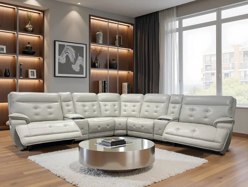 Beige Top-Grain Leather Power Reclining Sectional Sofa with Wireless Charging and USB Ports