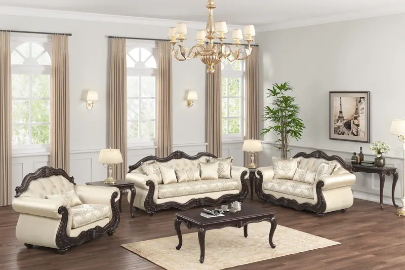 Beige Traditional Living Room Set – Sofa, Loveseat & Armchair Trio