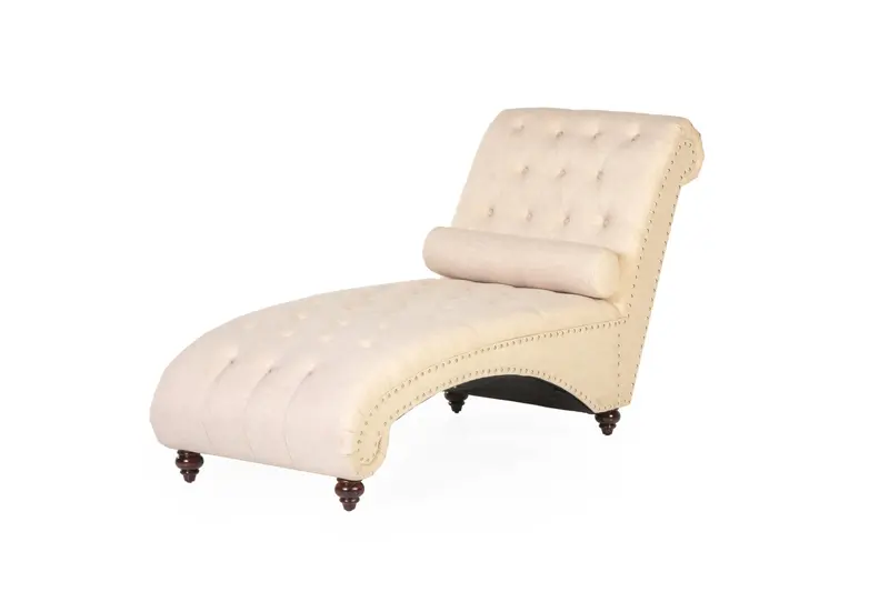 Beige Tufted Chaise Lounge Featuring Nailhead Trim and Supportive Bolster