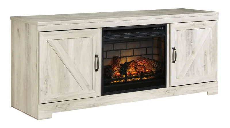 Bellaby 63″ Whitewash TV Stand with Faux Firebrick Electric Fireplace