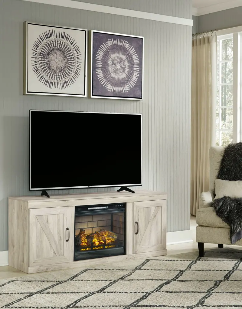 Bellaby Compact Whitewash TV Stand – Faux Firebrick Fireplace Console