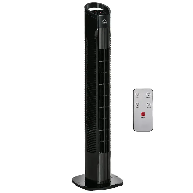 Black 3-Speed Oscillating Tower Fan with Timer and Remote