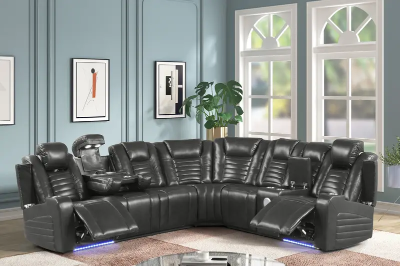 Black Air-Leather Power Reclining Sectional with Adjustable Headrests, LED Accents, Reading Light, and Dual Charging Ports