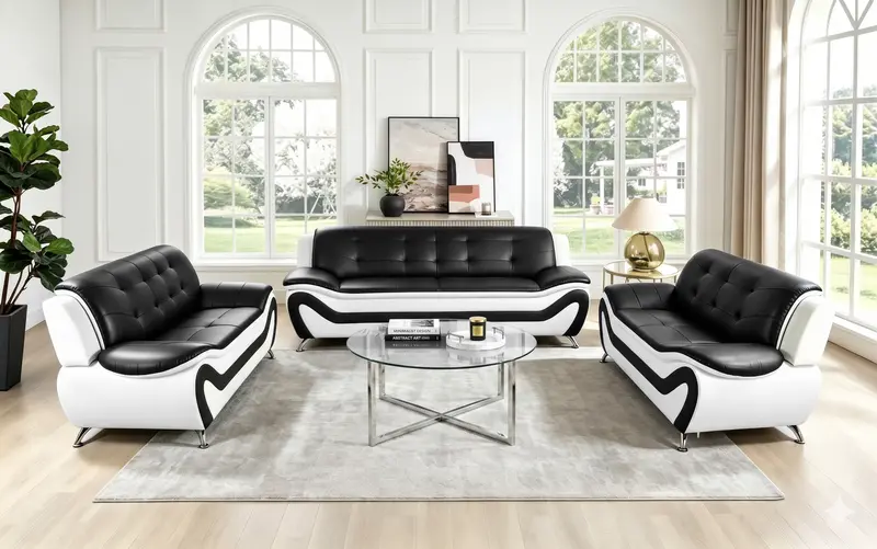 Black-and-White Curved Modern Living Room Set with Sleek Metal Legs