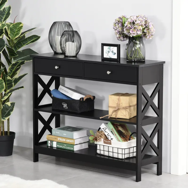 Black Console Table with Shelves & Drawers – X-Frame Hallway or Home Office Desk