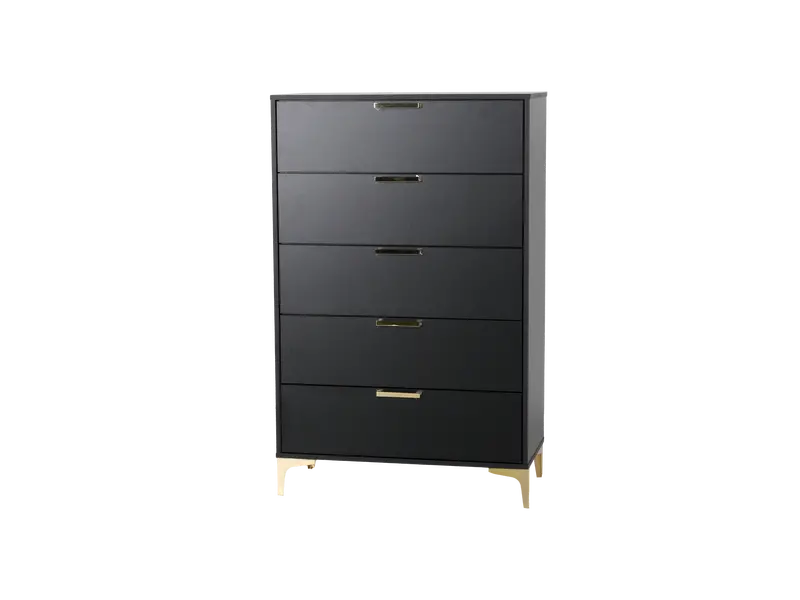 Black Glam Chest with Five Drawers and Metallic Gold Trim