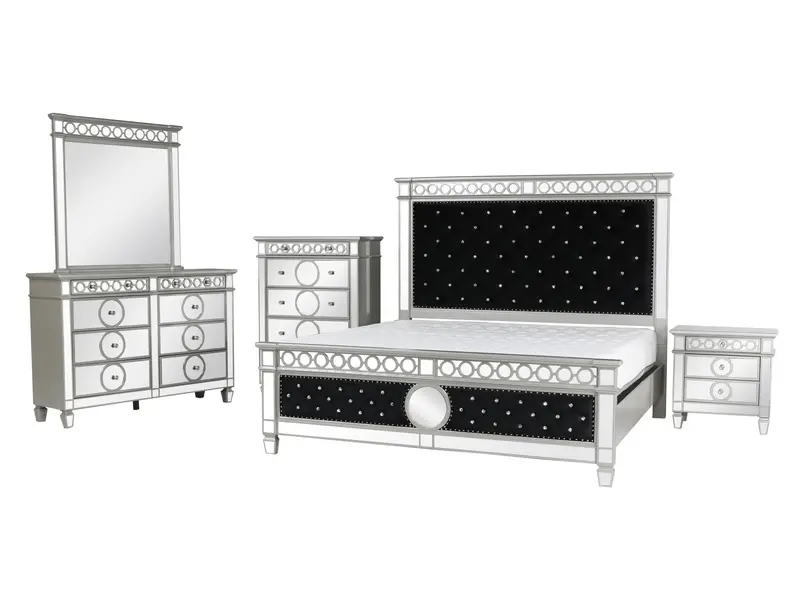 Black Mirrored 6-Piece King Bedroom Collection with Crystal-Tufted Headboard
