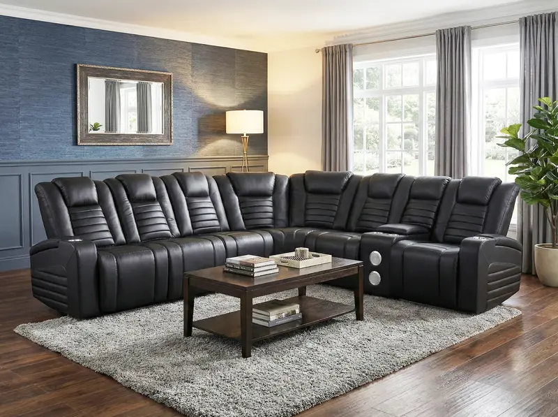 Black Modern Power Reclining Sectional with Built-in Speakers, LED Accent Lighting, Cup Holders, and USB Ports