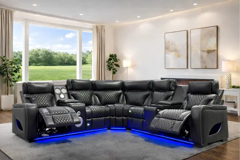 Black Power-Reclining Sectional with Headrest Controls, Built-in Speakers, Wireless Charging, and LED Lighting