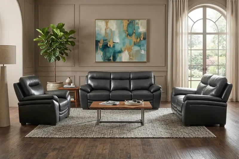 Black Top-Grain Leather Living Room Set – Sofa, Loveseat, and Accent Chair