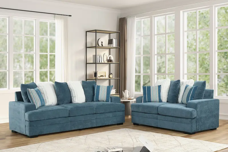 Blue Fabric 2-Piece Sofa and Loveseat Set with Stylish Accent Pillows
