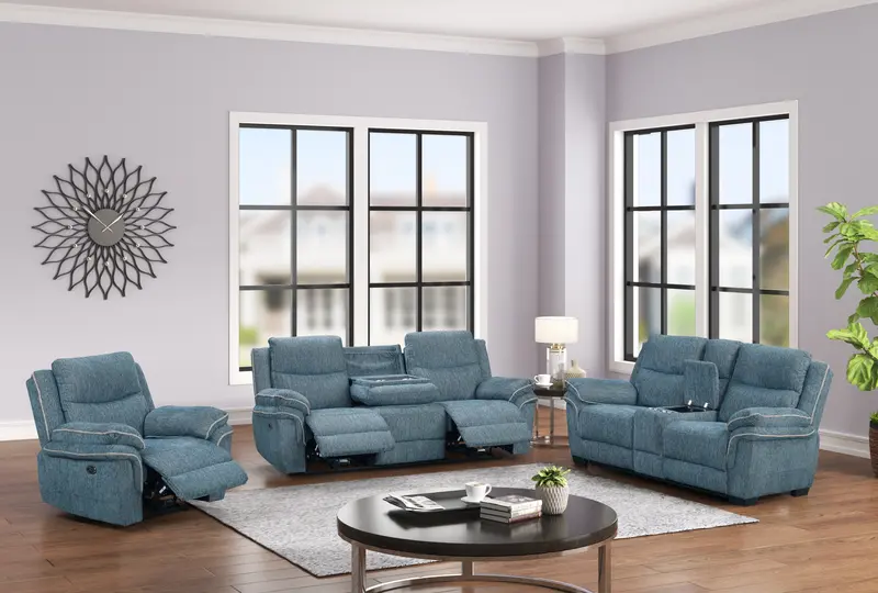 Blue Fabric 3-Piece Power Reclining Living Room Set