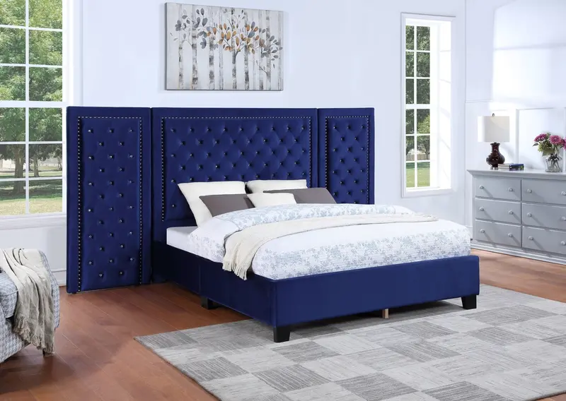 Blue Glam Tufted Upholstered Bed with Elegant Panel Headboard
