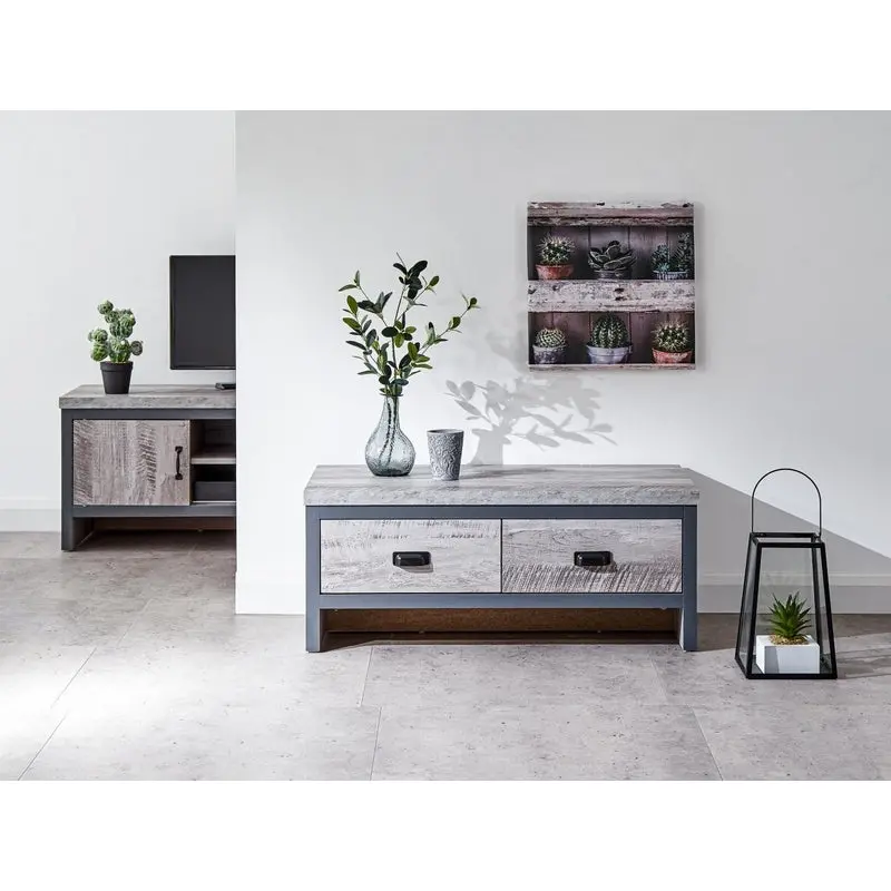 Boston Grey Metallic and Wood Coffee Table Featuring Two Concealed Drawers