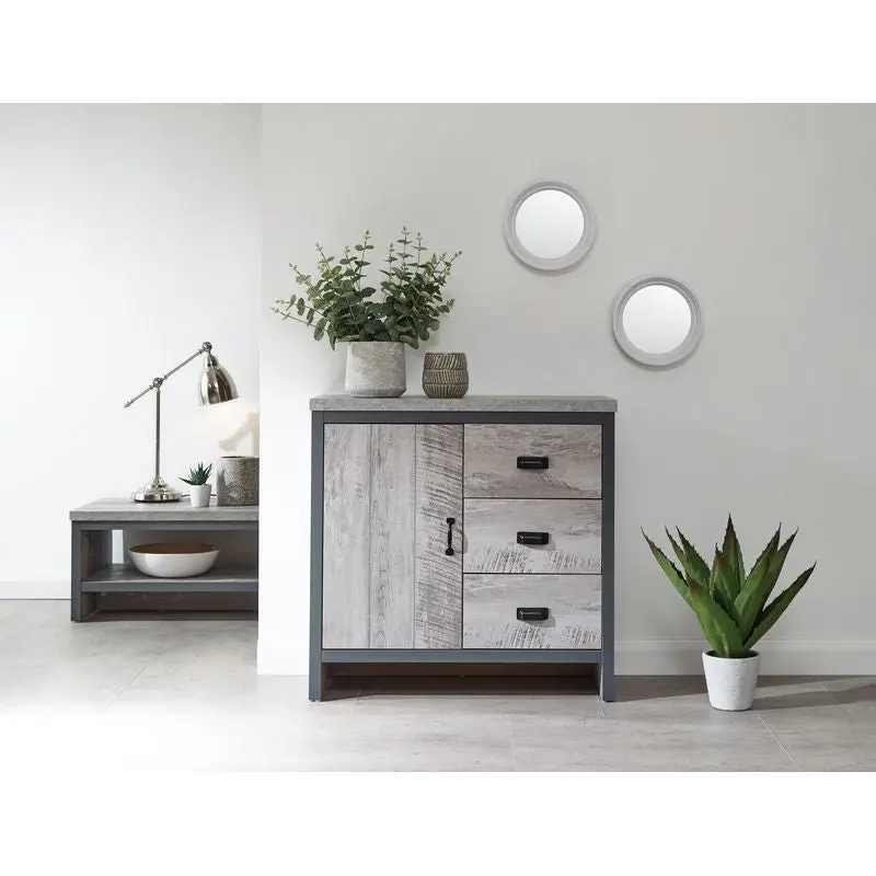 Boston Grey Sideboard – Metal-and-Wood Storage Cabinet with 3 Drawers & Shelf