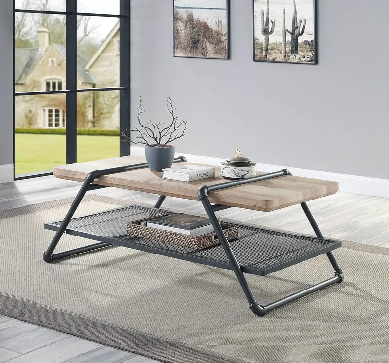 Brantley Coffee Table Featuring Oak Veneer Top and Sandy Gray Base
