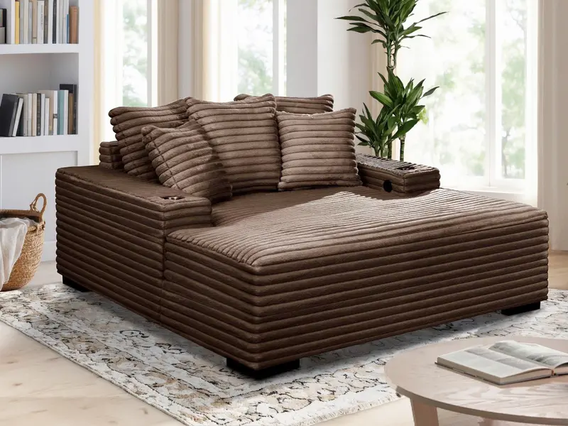 Brown Chaise Lounge with Dual Cup Holders & USB Charging Ports