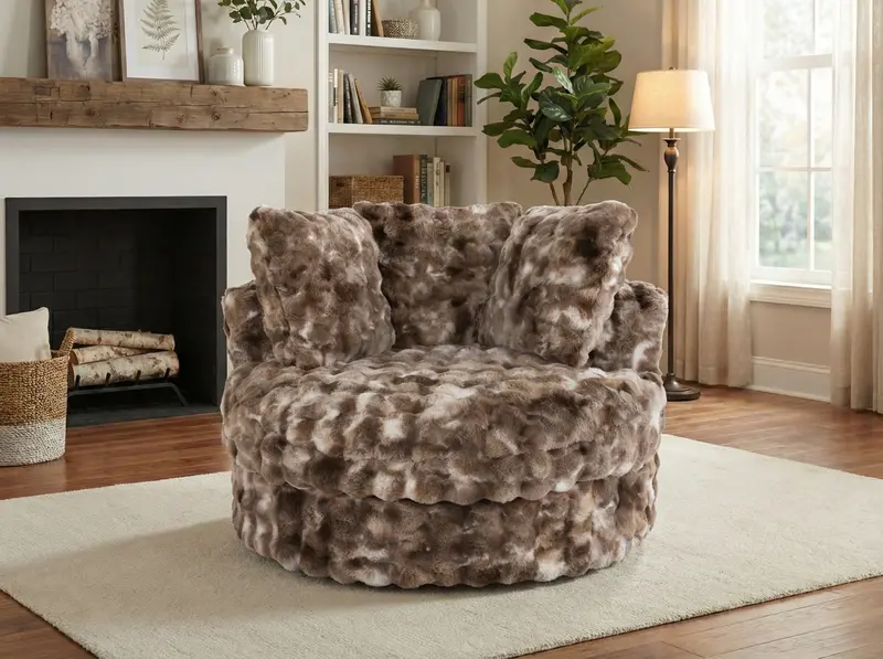 Brown Faux Fur Rotating Accent Chair with Soft Pillows