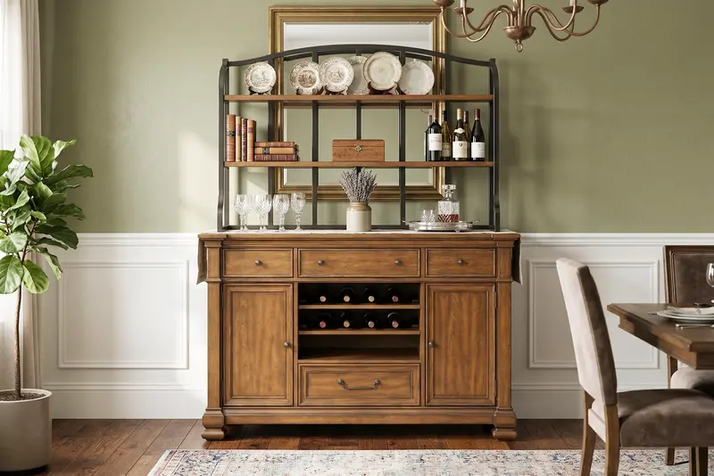Brown Hutch and Buffet Cabinet – Adjustable Wine Storage & Removable Shelving