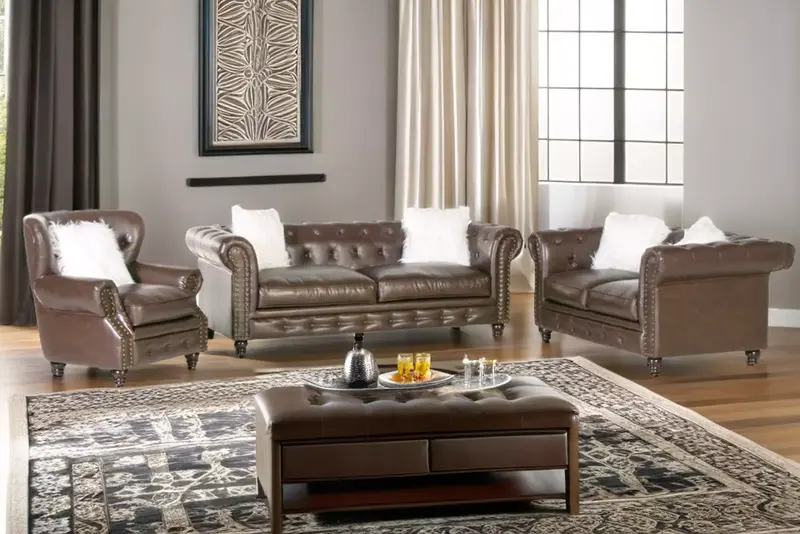 Brown Leather Chesterfield Set – Sofa, Loveseat, and Chair