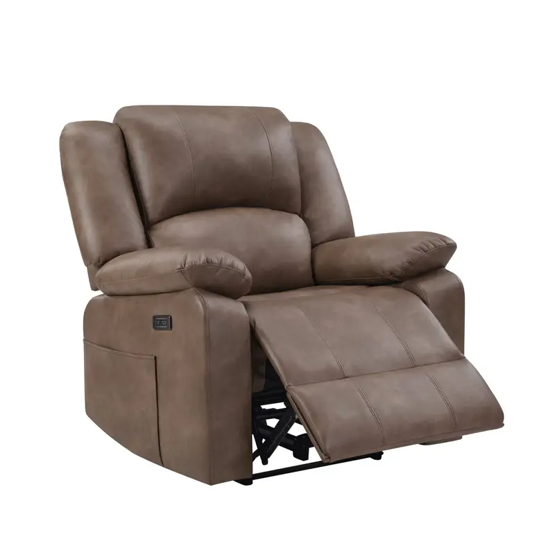 Brown Leather Power Recliner with Integrated USB Charging Port
