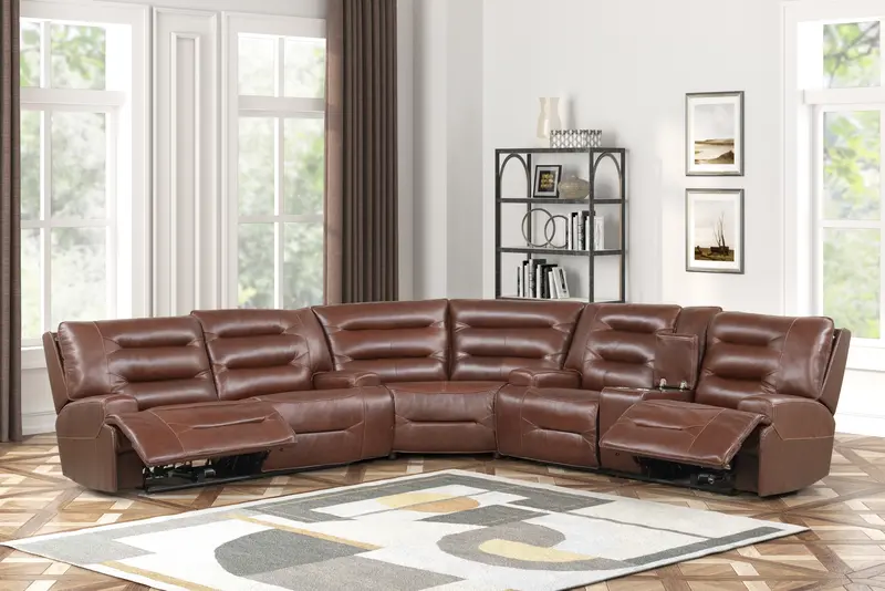 Brown Power-Reclining Sectional with USB Ports, Center Console, and Adjustable Headrests