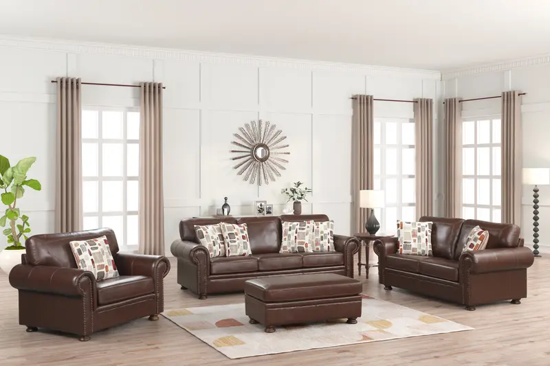 Brown Top-Grain Leather Living Room Set – Sofa, Loveseat, Armchair & Ottoman