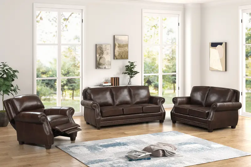 Brown Top-Grain Leather Living Room Set – Sofa, Loveseat & Push-Back Recliner