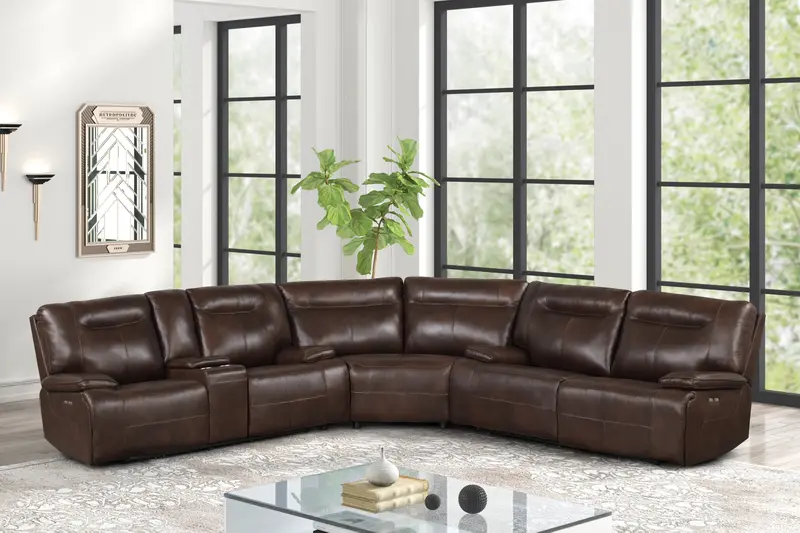 Brown Top-Grain Leather Power Reclining Sectional Featuring Motorized Headrests, Console, and Wireless Charging