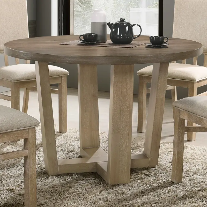 Brutus Round Dining Table with Wheat-Tone Base – Vintage Walnut Frame