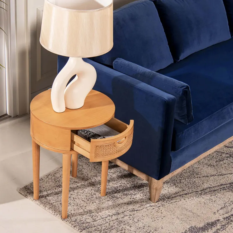Cabana Round Cane Side Table – Natural Brown Oak Storage Accent