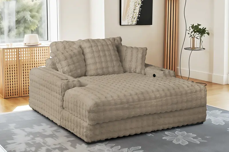 Camel Velvet Chaise Lounge Featuring Dual Cupholders & Dual USB Charging Ports