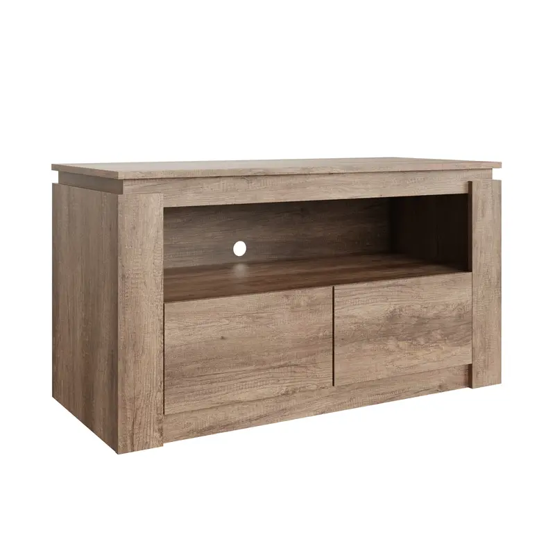 Canyon Grey Oak TV Stand – Open Shelf + Dual Drawer Design