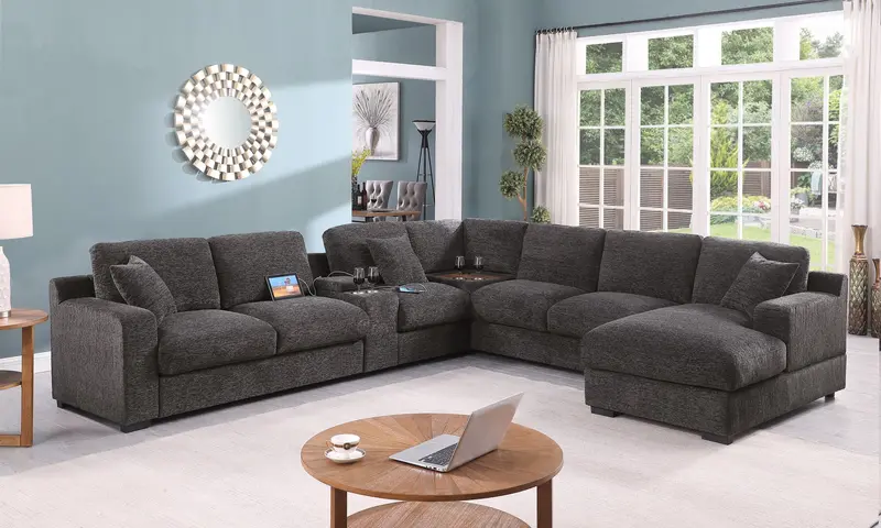 Celine Corner Sectional Sofa with Right Chaise, Cupholders & USB Charging – Gray
