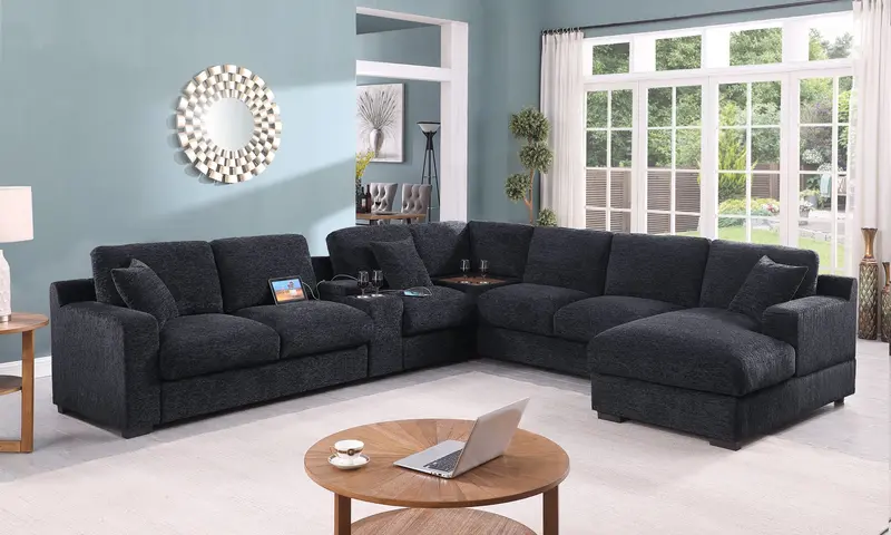 Celine Fabric Corner Sectional Sofa – Right-Chaise Design with Integrated Cup Holders & USB Charging Ports