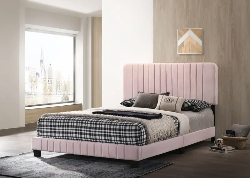 Channel-Tufted Upholstered Bed Frame with Deep Button Detailing and Solid Wood Platform Base