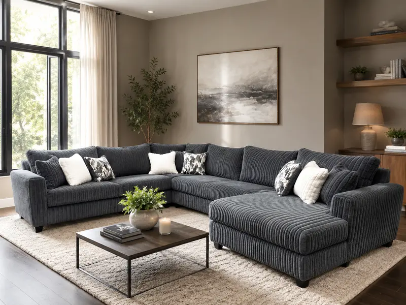 Charcoal Corduroy 4-Piece Sectional Sofa with RAF Chaise and Nine Decorative Pillows