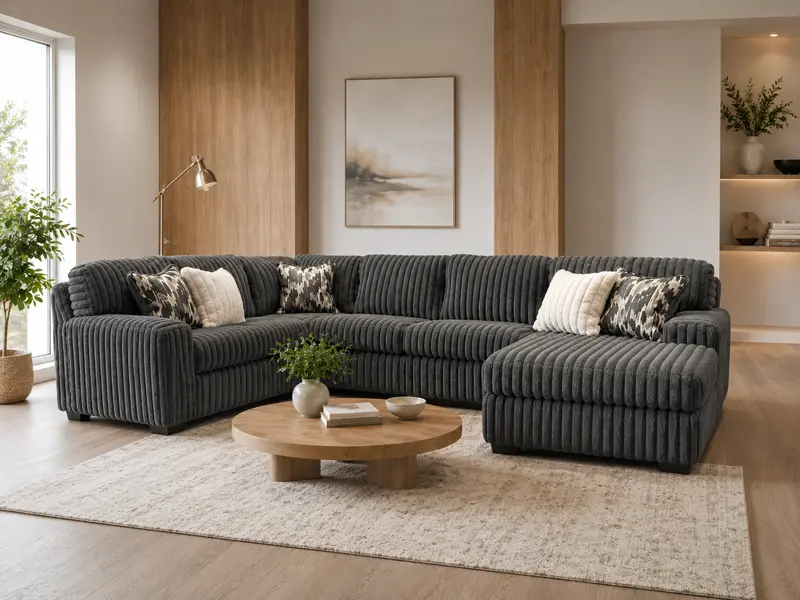 Charcoal Ribbed Corduroy L-Shaped Sectional with Plush Deep Seating & Extended Chaise