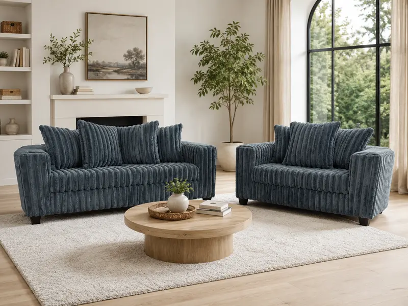 Charcoal Ribbed Plush Fabric Sofa and Loveseat Set (2-Piece)