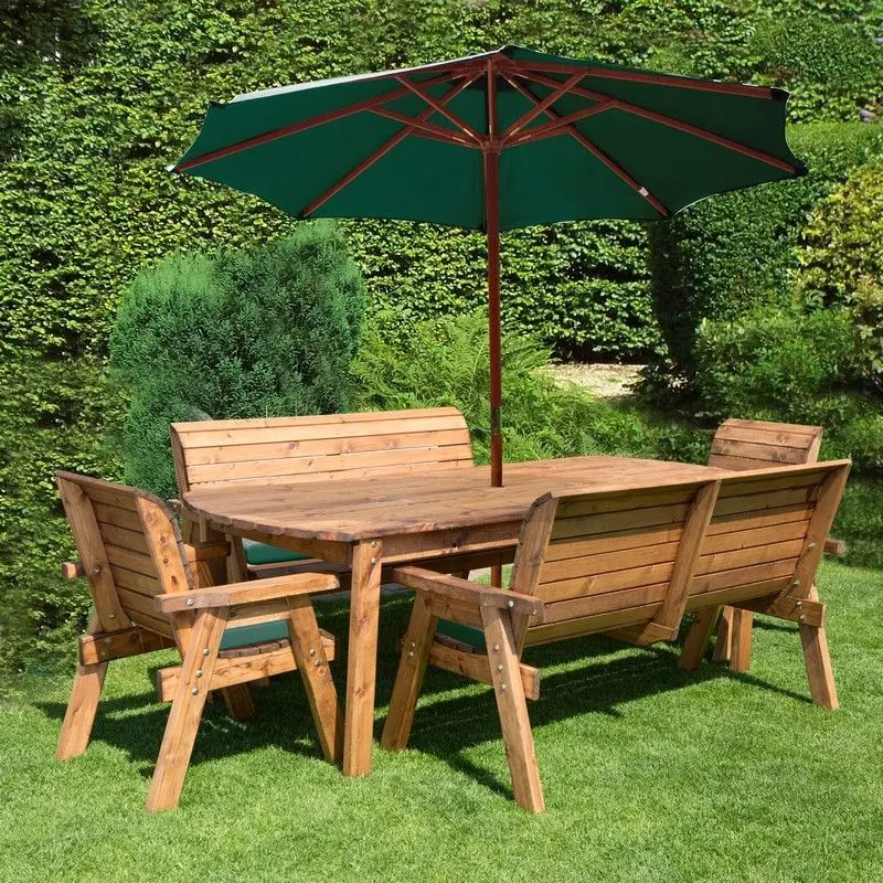 Charles Taylor Outdoor Redwood Dining Set – 8 Seats, Green Cushioned Seating